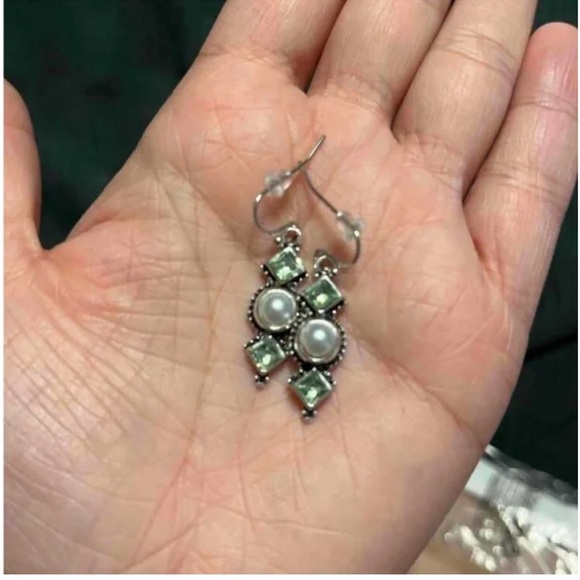 Vintage Irregular Geometric Drop Earrings Inlaid Pearls Gems Hook Earrings - Picture 5 of 5